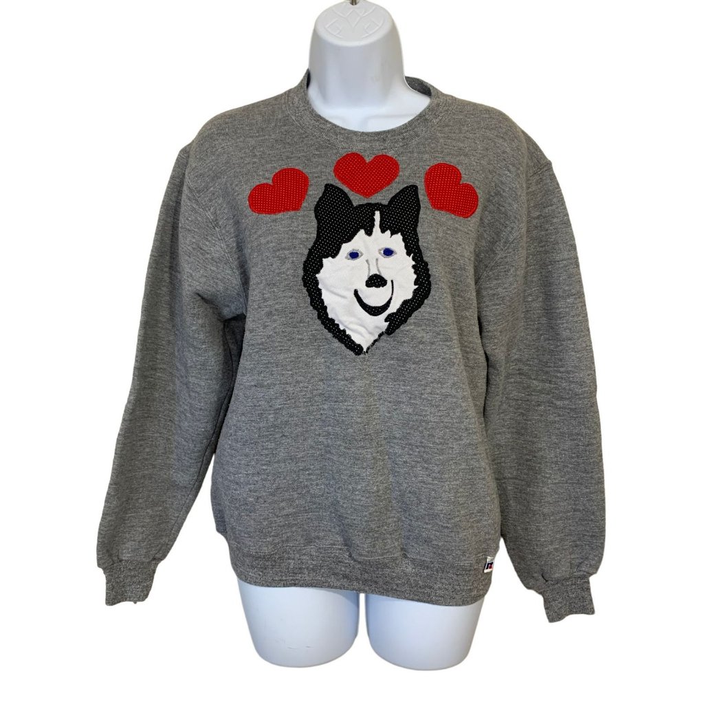 Vintage Russell Athletic Womens Small Sweatshirt Husky Dog Gray 90s Usa Hearts